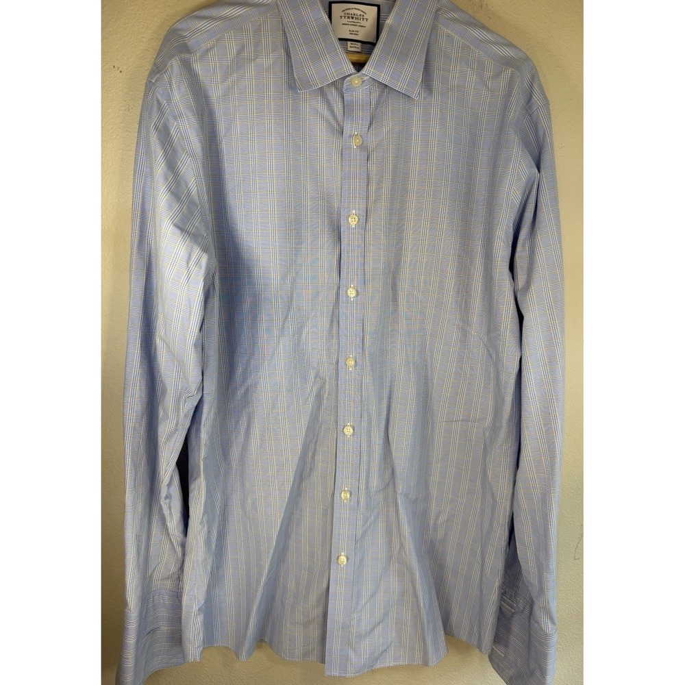NWOT Charles Tyrwhitt Mens Slim Fit Dress Shirt 18/37 Blue Yellow Check Non Iron